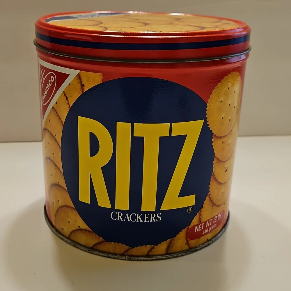 Vintage 1982 Nabisco RITZ Crackers Tin 12 oz Round Metal Canister With Lid 6”H